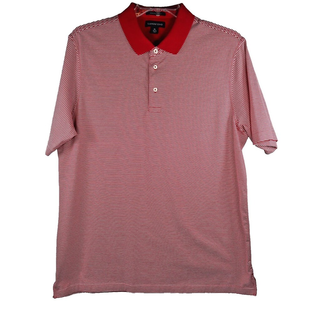 Lands’ End Cotton Polo Shirt Mens XL 46-48 Red & White Mini Stripe Short Sleeve